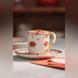 NEW Anthropologie Bistro Tile Stoneware 24k Gold Accent Espresso Cup & Saucer